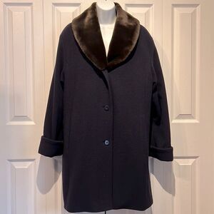 Steilmann Navy Wool Blend Coat With Brown‎ Faux Fur Collar Size 10